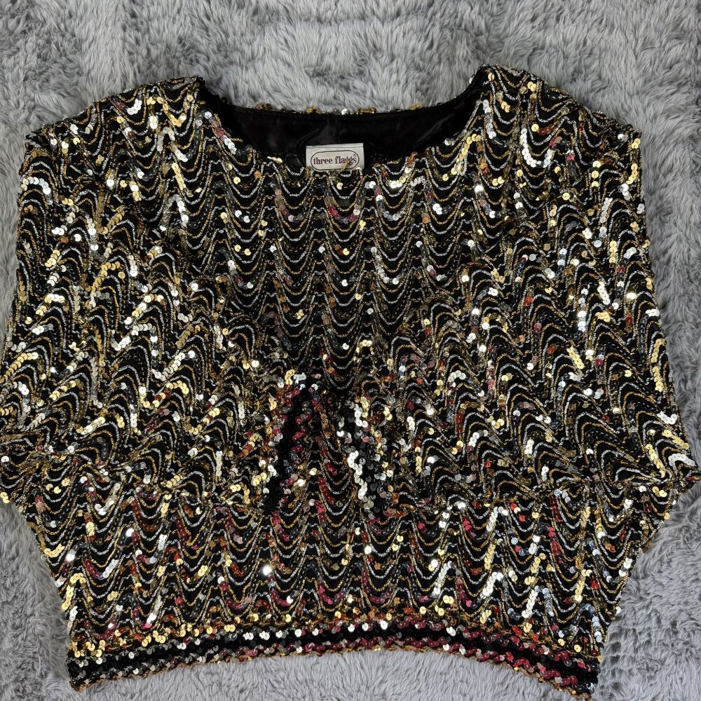 Vintage Three Flags California Sequin Batwing Top Gold Black Wave Pattern